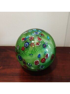 Vintage Murano Style Millefiori Art Glass Paperweight Sphere Large 5" Green Orb